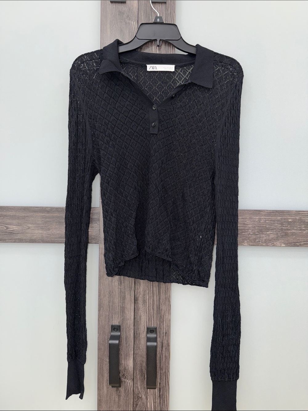 Zara Black Long-Sleeve Knit Polo SHEER